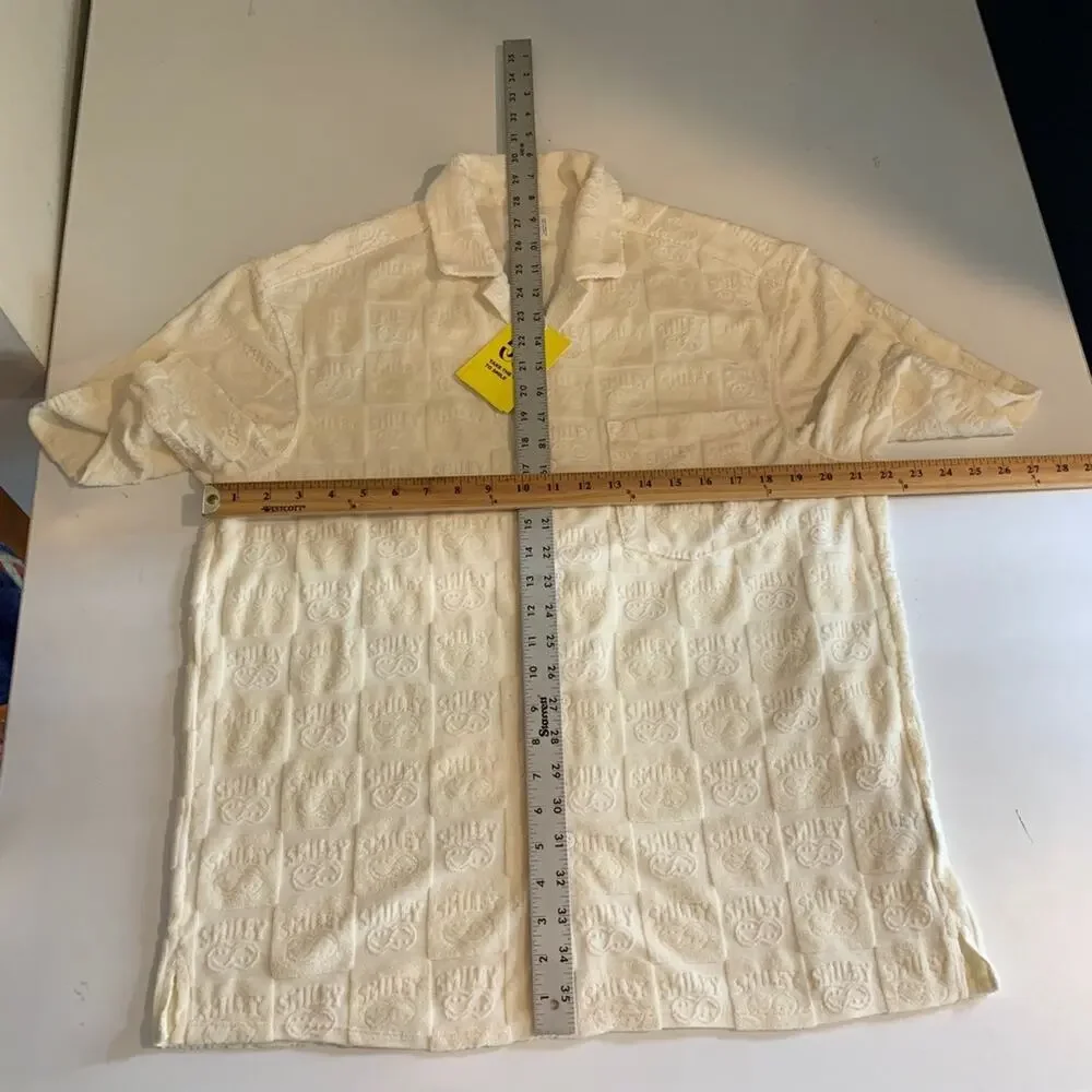 H&M Smiley Shirt Women M Medium Baby Yellow Button Up Relaxed Fit Terry Embossed